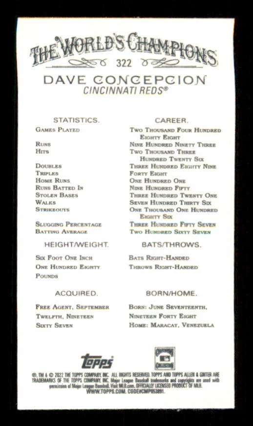 2022 Topps Allen and Ginter Mini #322 Dave Concepcion SP - Image 2 of 2