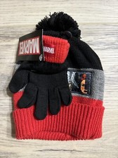 Kids Beanie Hat Gloves Marvel Character Collage Pom-Pom Hat Red Gray Black New