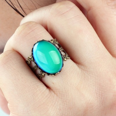 Holiday Gift Womens Adjustable Antique Gold Ring Emotion Feeling 16MM Mood Ring