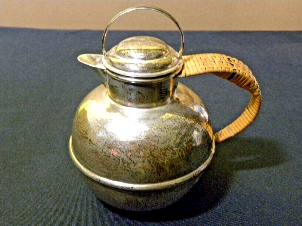 Rara tetera Fisher de plata esterlina 1926 - mango de mimbre, sello de corona, 925 Foto 3 de 4