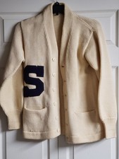 Vtg 40s-50s Varsity Men's Cardigan Sweater Cream w/Black "S" Patch Wool Sz. 42