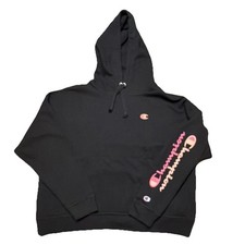 Champion Powerblend Hoodie Women  s 2XL Black Pink Script Sleeve
