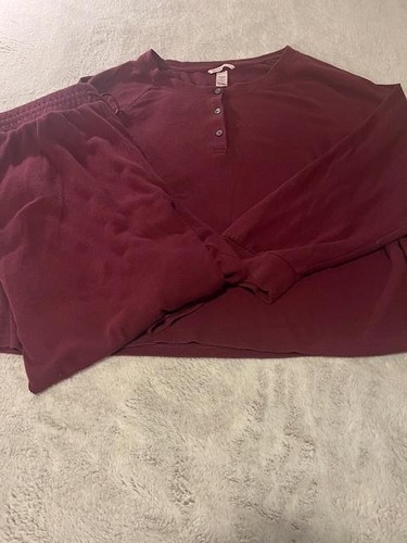 Victoria's Secret Pajama Set Womens XXL Burgundy Thermal Henley Jogger Lounge - Picture 2 of 15