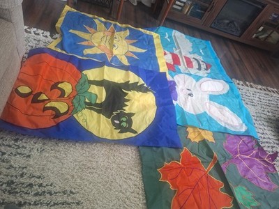 Lot Of 5 Double Sided Vertical Outdoor Seasonal Flags 1990s