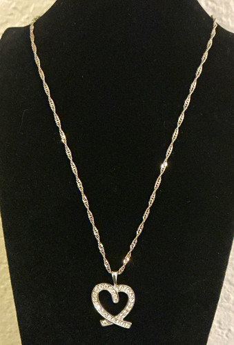 Vintage Silver Tone CZ Ribbon Heart Pendant Necklace Unbranded Fashion Jewelry