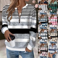 Women Casual STRIPES Sweatshirt Tops Shirts Pullover Zip V-neck Blouse PLUS SIZE