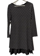 Reborn Midi Dress Womens M Black Sheer Lined Argyle Sheath Shift Career Boho