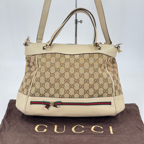 GUCCI GG Canvas Beige White Sherry Line 2 Way Handbag Shoulder Bag Auth