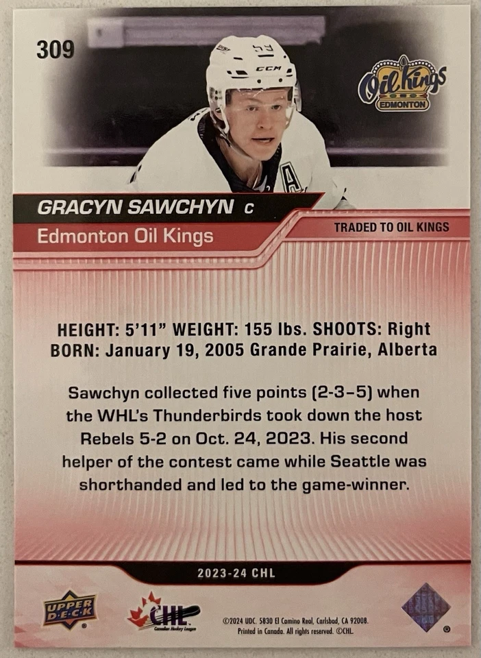 Gracyn Sawchyn (RC) 2023-24 Upper Deck CHL Stars #309 Exclusives /100 - Panthers - Image 2 of 2