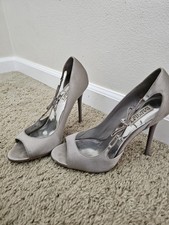 Badgley Mischka Taupe Gray Satin Rhinestone Tie Peep Toe Heels Pumps Size 9M