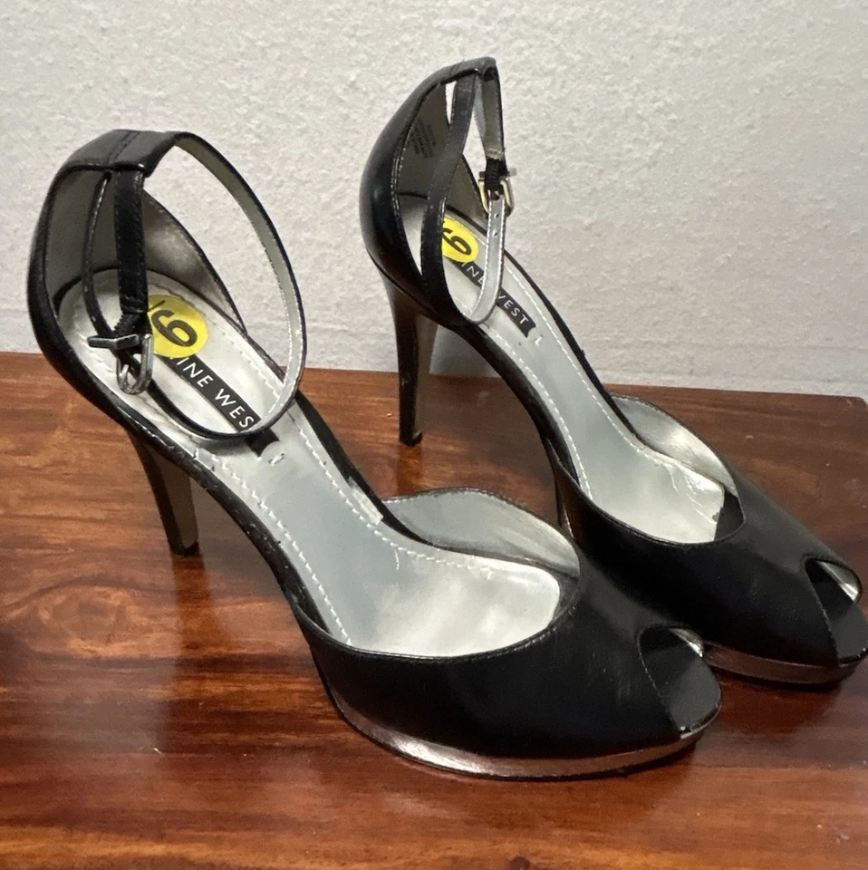 NINE WEST CORREA DE CUERO NEGRO PUNTERA ABIERTA TACÓN BLOQUE Talla 9 Foto 4 de 4