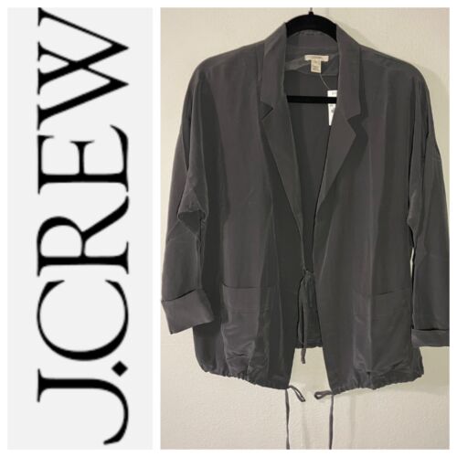 NWT J Crew Women's 100% Silk Dark Gray Blazer Tie Front Jacket Pockets Size PS