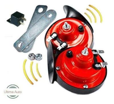 AUTONETBG 12V Luft Schall Doppelton Twin Snail Hupen Set Rot Schwarz Mit Zubehör