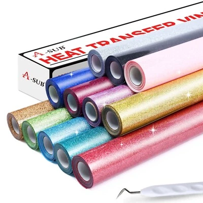 Lot 12"X 8FT-24FT A-SUB HTV Vinyl Glitter Roll Iron on Heat Transfer Vinyl T-sh