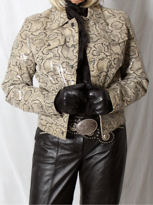 Womens Leather Jacket Black Brown M Bebe Snakeskin Vintage
