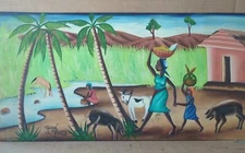 Vintage 1970s Haitian Painting by Josué Joseph – Oil on Board, Folk/Caribbean Ar