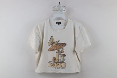 Vtg Streetwear Womens L Faded Imagine Mushrooms Butterfly Cropped T-Shirt USA