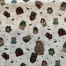 Folk Art Birdhouses And Birds On White Cotton Fabric Spring Industries 52”