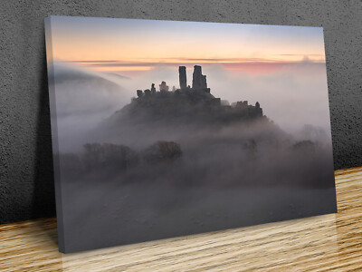 Misty Corfe Castle in Dorset  mounted canvas print ready to hang