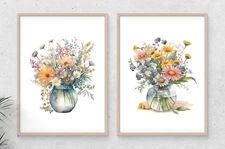 Wildflowers Set of 2 Art Prints Wildflowers in Vases Wall Art Decor, Home Decor