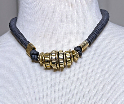 Rita Fascione Vintage Black Cord Gold Tone Pendant Choker Necklace 17'' (Fas-171)