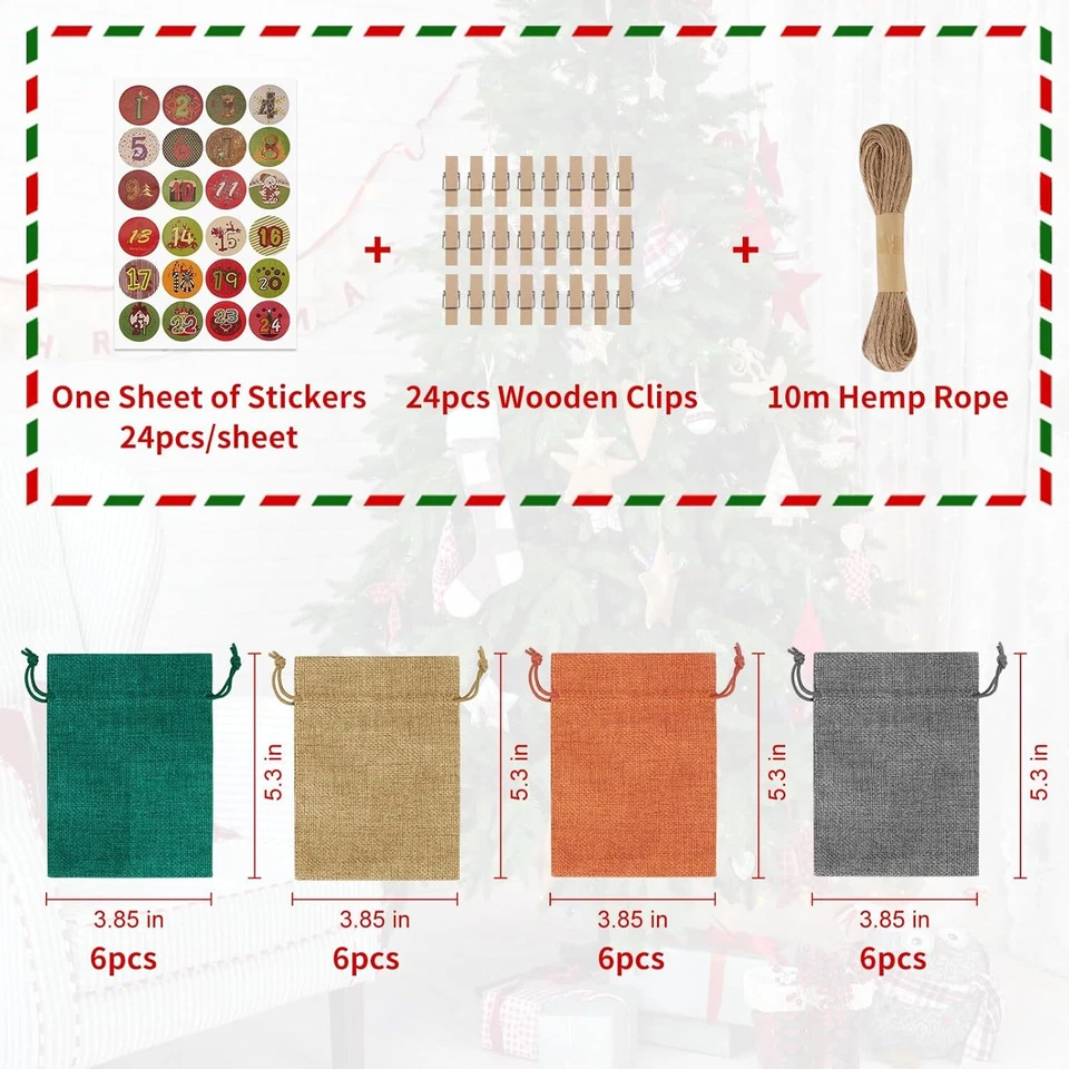 24 Pcs Christmas Advent Calendar Bags Wooden Small Burlap Bags Hanging Gift Bag - Image 2 of 4