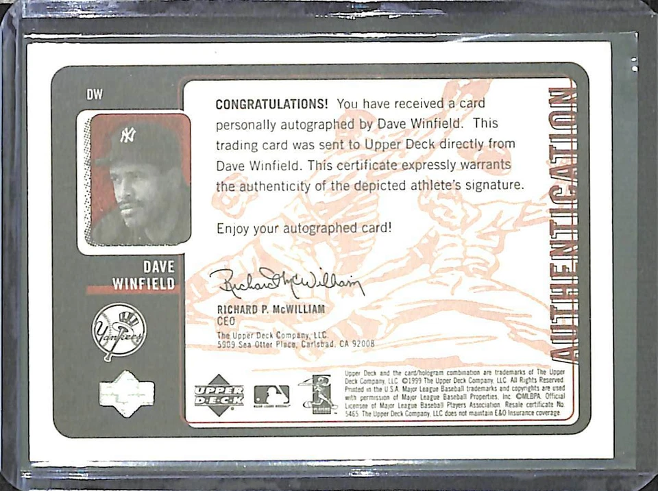 1999 Upper Deck Retro INKREDIBLE Autograph #DW Dave Winfield - Image 2 of 2