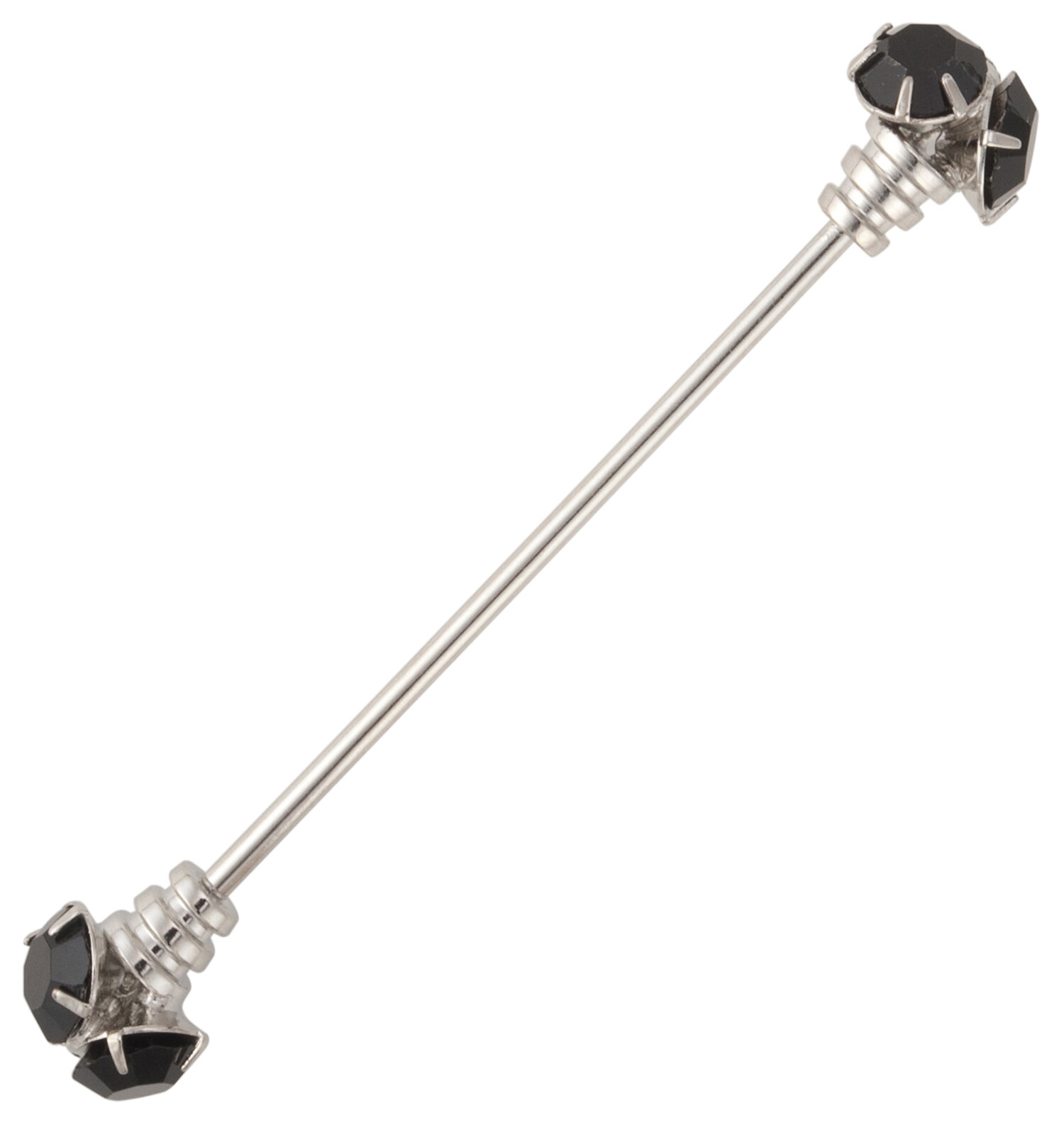 Mens Collar Bar Pin Silver Tone Black 6 Stone Rhinestone 2 3/16"