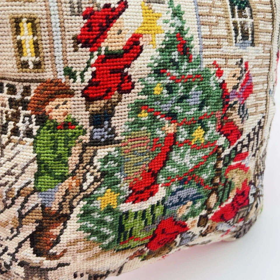 Vintage Handmade Christmas Wool Needlepoint Throw Pillow Velvet Tree 12"x12" - Image 3 of 4