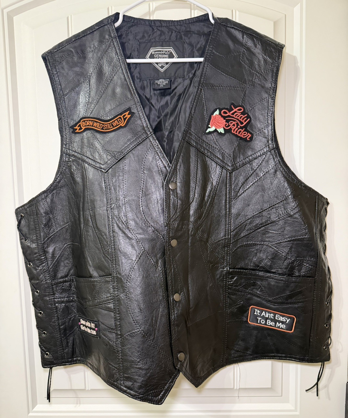 Diamond Plate Black Buffalo Leather Women’s Embroidered Motorcycle Vest Size 3XL