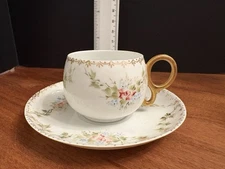 Vtg Hand Painted Floral Porcelain Demitasse Cup & Saucer Set