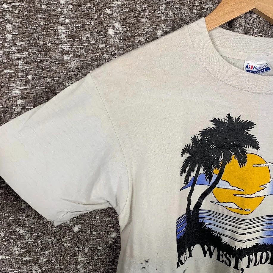 Camiseta Top De Colección Hanes Fifty Key West Florida Sunset Puntada Única Años 80 Blanca EE. UU. Foto 4 de 4