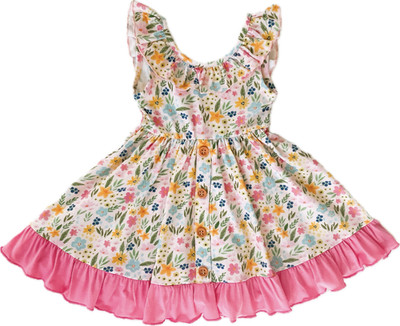 Charley Rose Kids Girls Pink Floral Ruffle Twirl Dress with wood button accents
