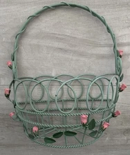 Vintage French Wire Basket Wall Hanging Green Flowers Cottagecore Shabby Chic