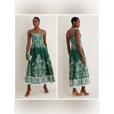 Farm Rio Dark Green Miranda Buckles Maxi Dress Linen Blend Large Paisley Foral