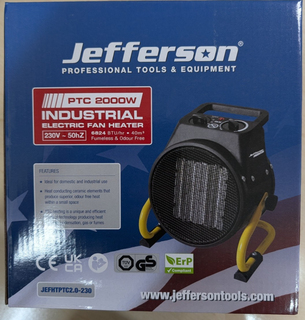 Jefferson Industrial Electric Fan Heater – 2000W PTC | 230V | Compact & Powerful