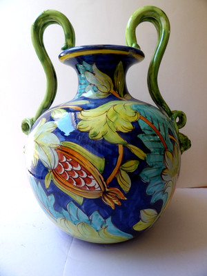 Italian Majolica Hand Painted Two Handle Vase Lemons & Oranges 15''