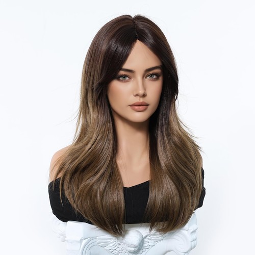Ombre dunkelbraune Perücken mit Pony für Frauen, natürliches welliges lockiges Haar Damen Gi... - Bild 4 von 9