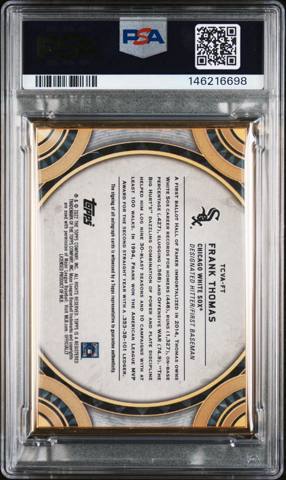 2022 Topps 1/1 Frank Thomas Auto 10 PSA view 2