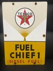 VINTAGE 1962 DATED TEXACO FUEL CHIEF GASOLINE 18” PORCELAIN GAS STATION SIGN