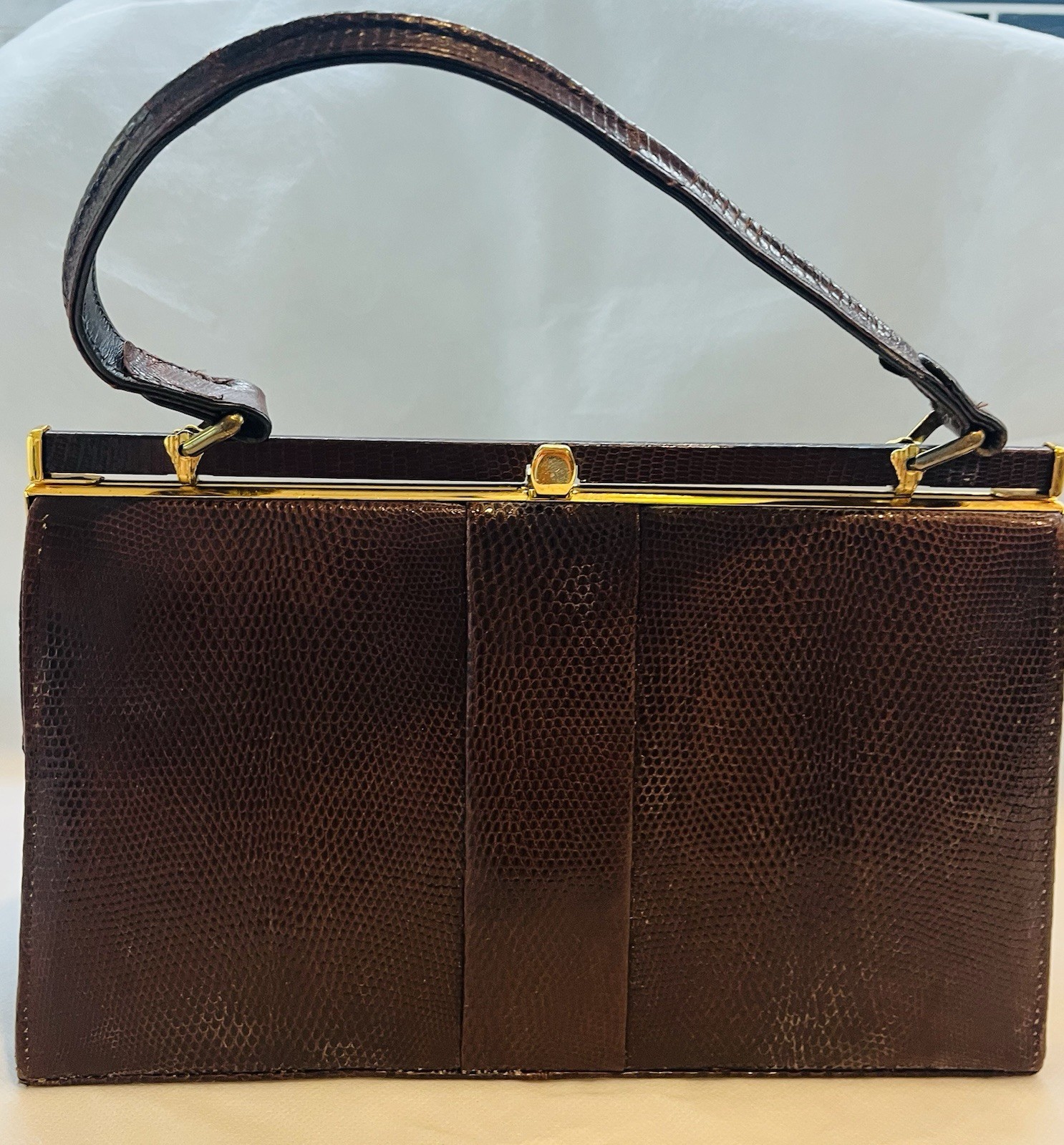 Vintage Jane Shilton Leather Handbag Brown Lizard Embossed Frame Purse 1960s