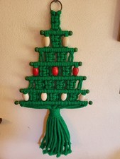 Vintage Macrame MCM Christmas Tree Wall Hanging Green w/ Red Wood Beads 21" Long