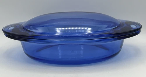 Vtg Anchor Hocking Oval Casserole Dish & Lid Cobalt Blue Glass 2Qt Serving Bowl