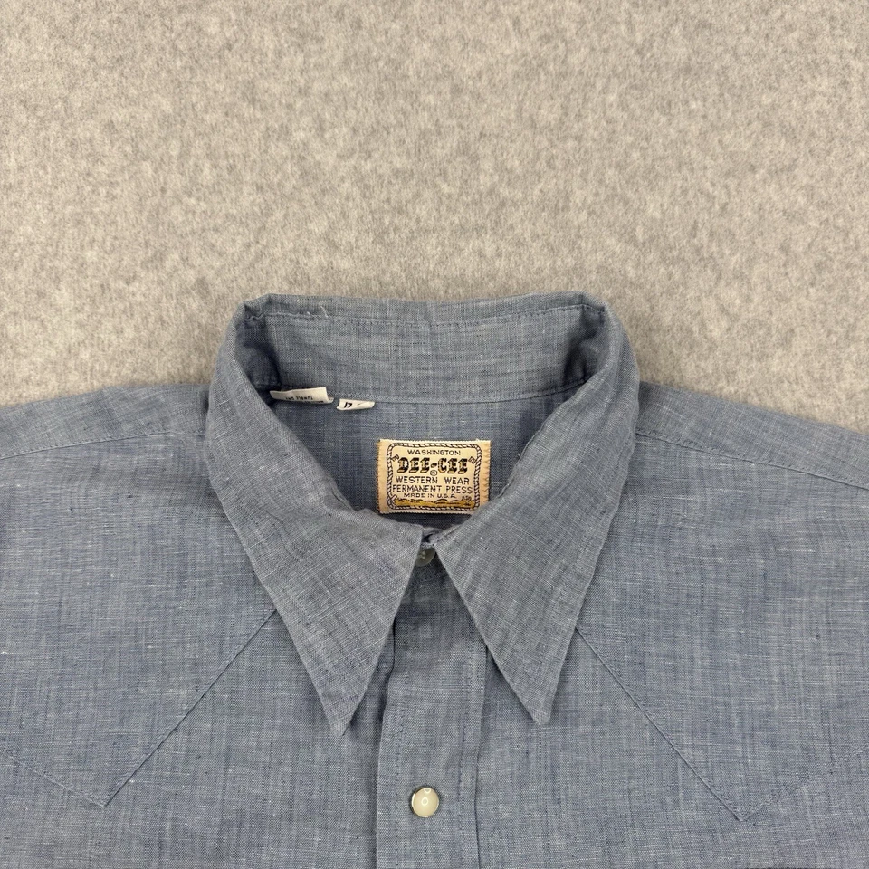 Vintage Dee Cee Shirt Mens 17 35 Chambray 70s Sawtooth Pearl Snap Western USA - Image 3 of 4