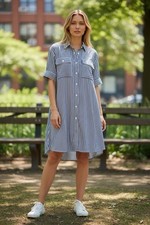 Everlane Linen Button Down Shirt Dress Womens Xs White Blue Stripe Button Down