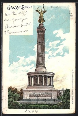 Lithographie Berlin-Tiergarten, Siegessäule vor blauem Himmel 1900 