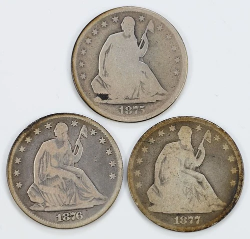 1875-S 1876 1877 Liberty Seated Half Dollars Silver 50c Lot of 3