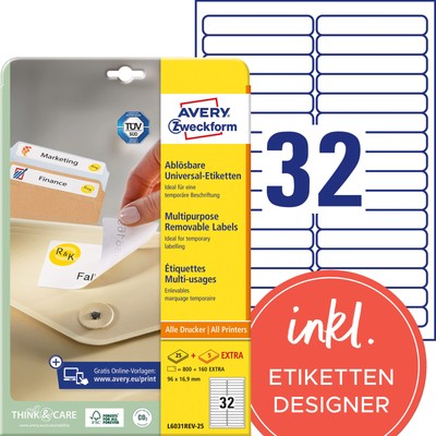 AVERY Zweckform L6031REV-25 Universal Etiketten (800 plus 160 Klebeetiketten ext