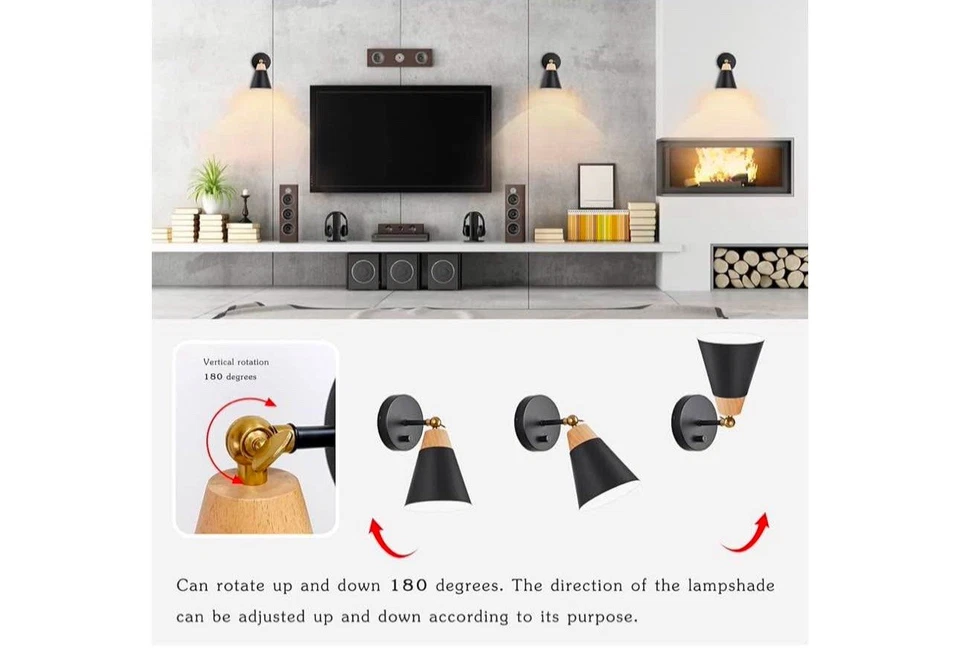 Juego de 2 Apliques de Pared, Aplique de Pared Lámpara de Iluminación con Pantalla de Metal, Giratorio S... Foto 4 de 4