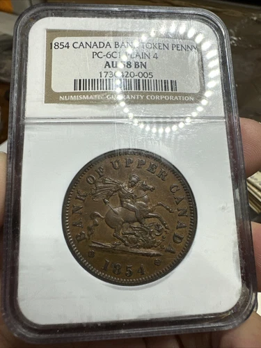 1854 CANADA PLAIN 4 BANK TOKEN PENNY NGC AU58